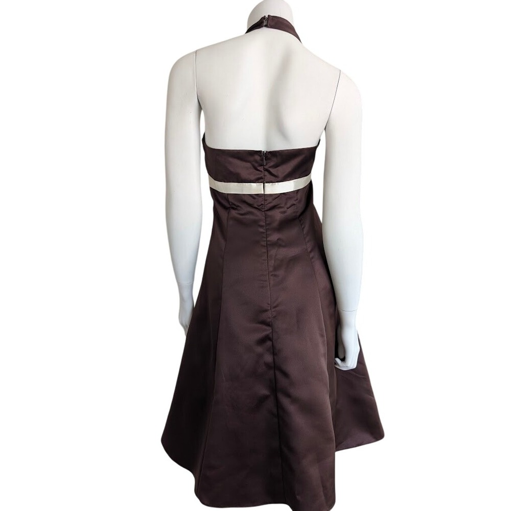 Vintage Brown Satin Halter Cocktail Dress XS 90s Y2K Bow Party Coquette Occasion - Picture 2 of 5